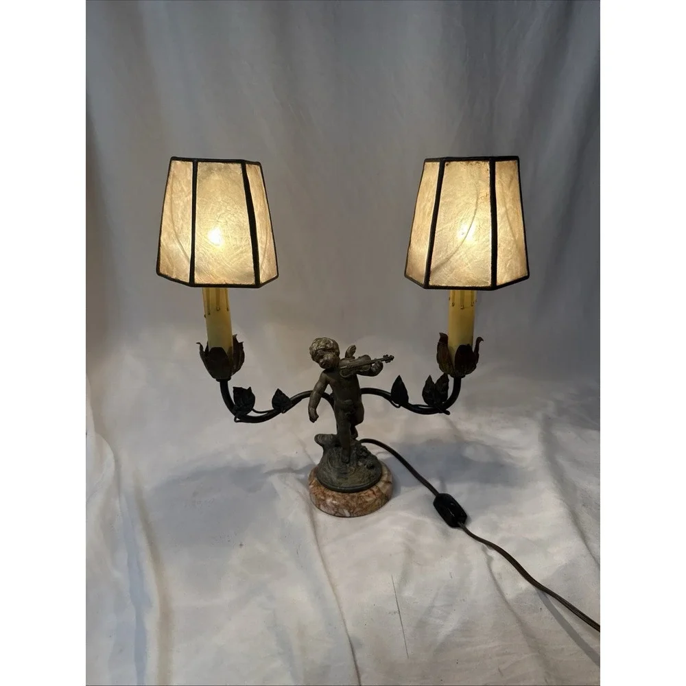 VTG Figural Cherub Double Arm Table Lamp Spelter Marble Base Art Nouveau Style